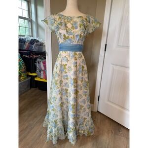 Vintage Sylvia Ann Blue Floral Maxi Dress Ruffle Collar Sash ILGWU Size 8